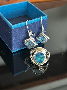 Vtg Whitney Kelly Sterling Silver 925 Blue Mosaic Opal Ring Size 8 Earrings set